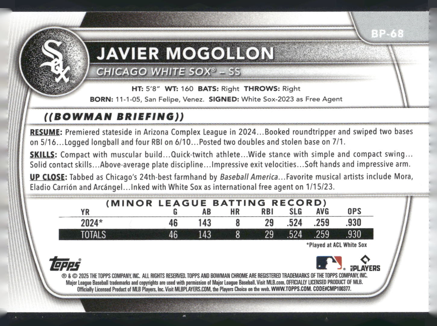 2025 Bowman #BP-68 Javier Mogollon Prospects