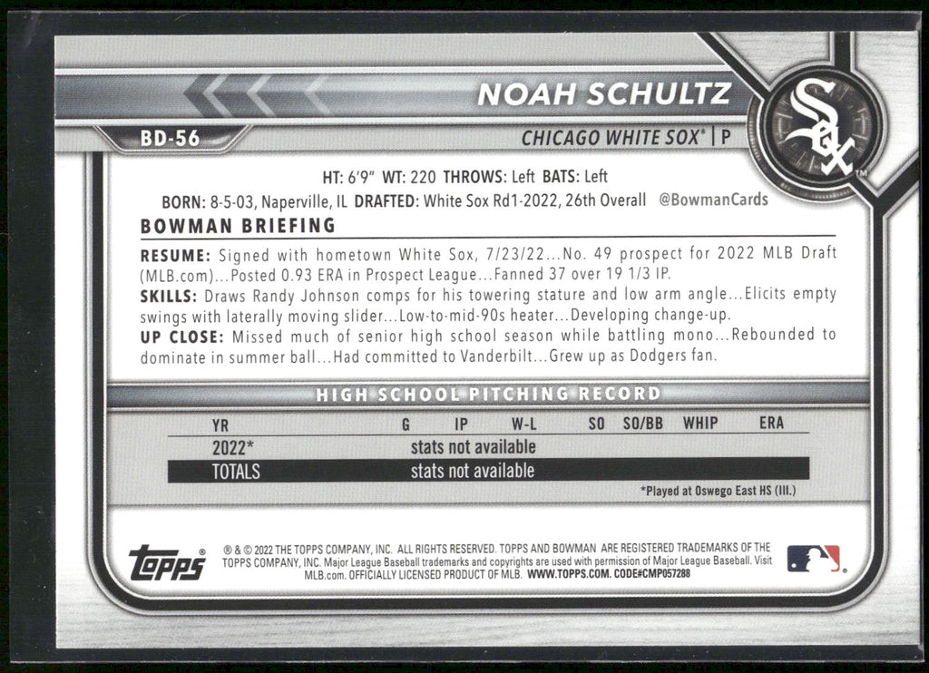 2022 Bowman Draft #BD-56 Noah Schultz