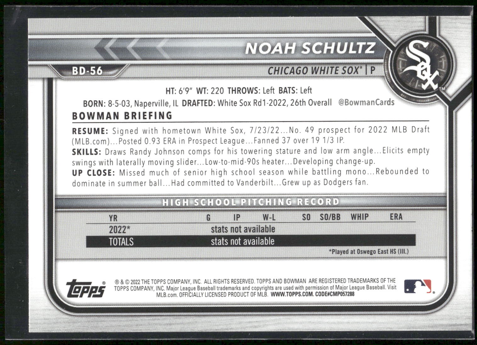 2022 Bowman Draft #BD-56 Noah Schultz