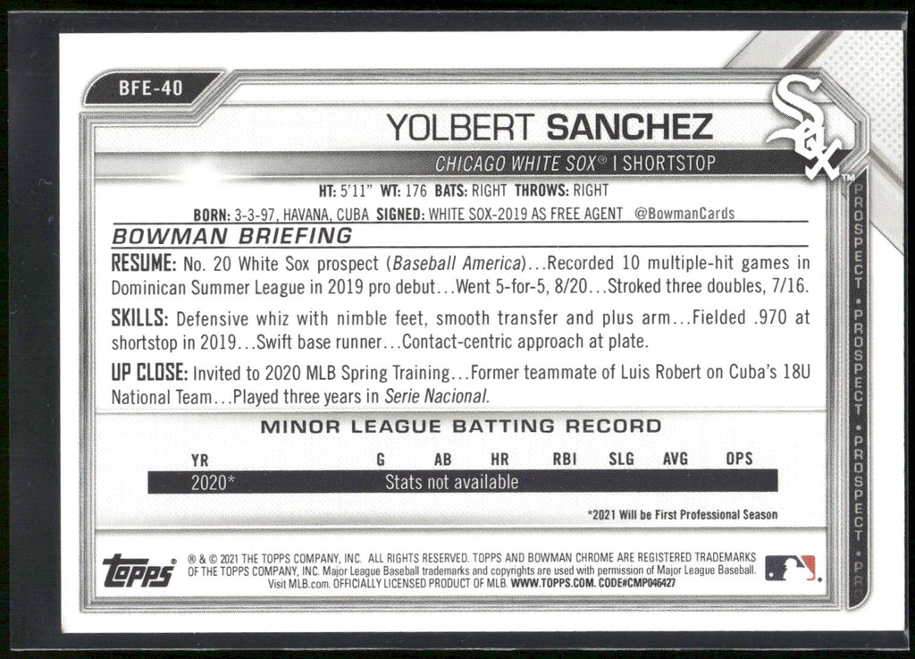2021 Bowman 1st Edition #BFE-40 Yolbert Sanchez
