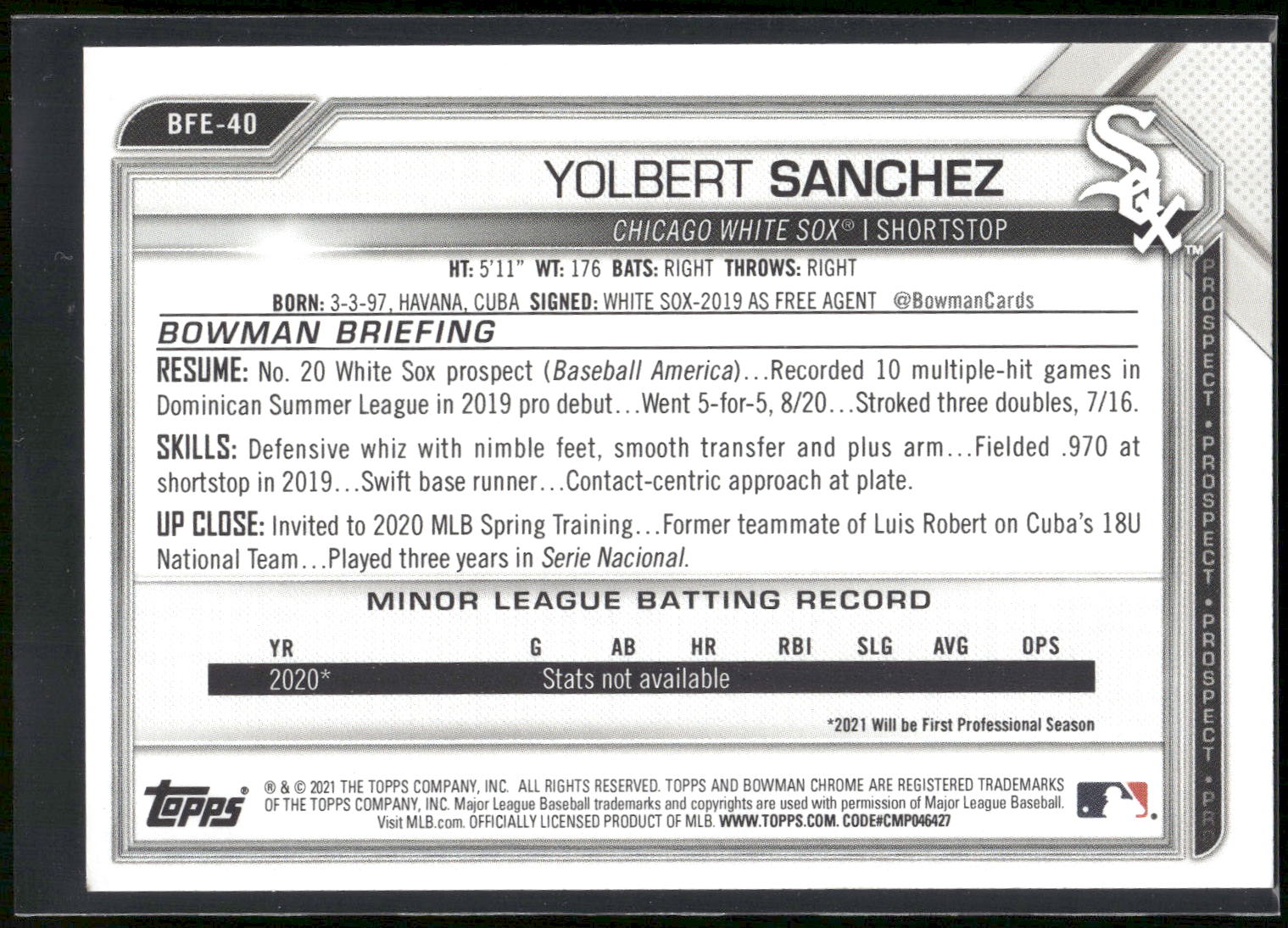 2021 Bowman 1st Edition #BFE-40 Yolbert Sanchez