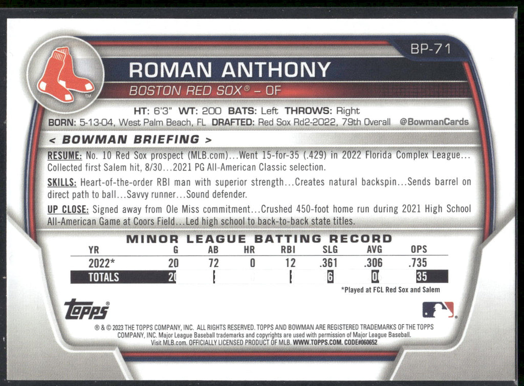 2023 Bowman #BP-71 Roman Anthony Prospects