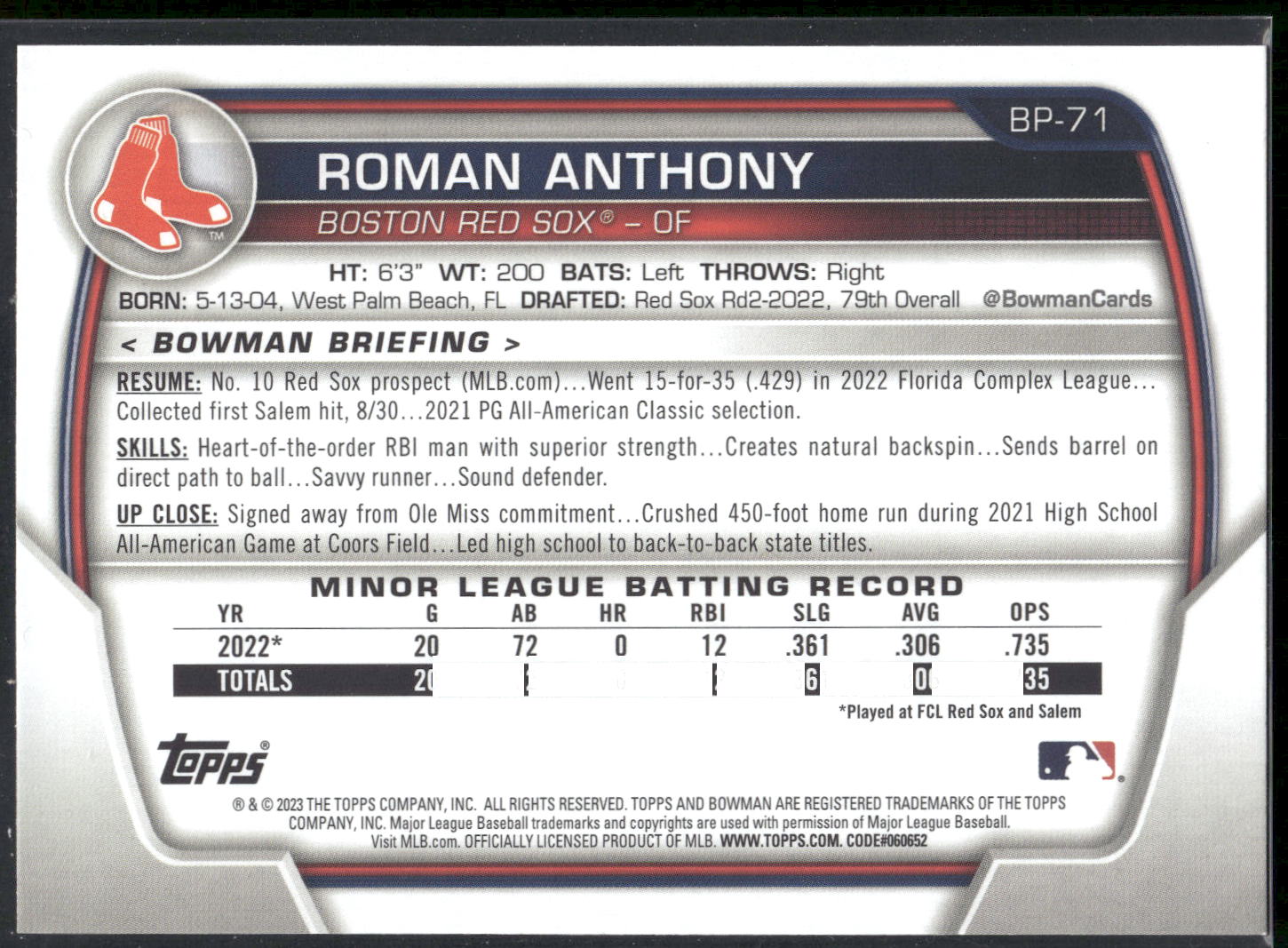 2023 Bowman #BP-71 Roman Anthony Prospects