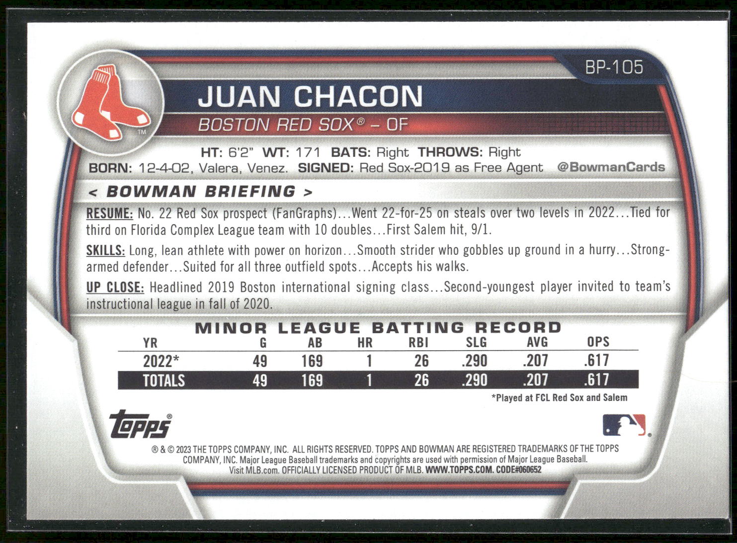 2023 Bowman #BP-105 Juan Chacon Prospects