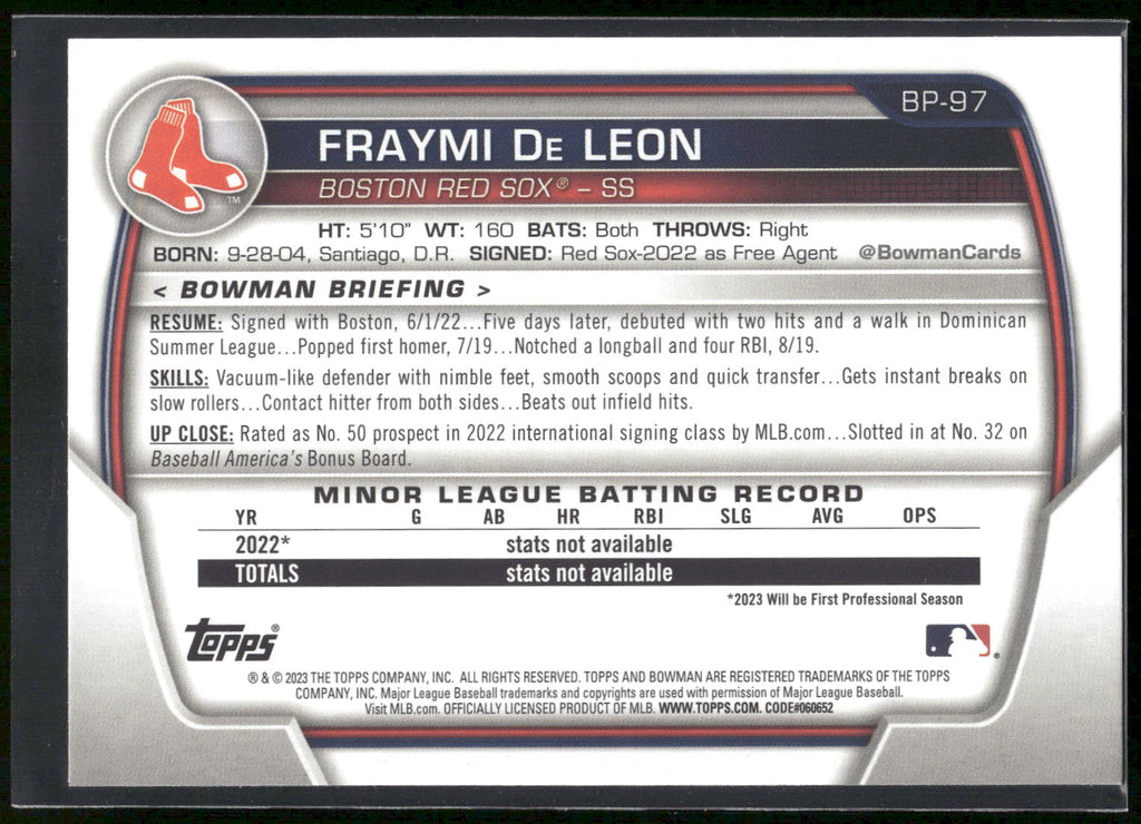 2023 Bowman #BP-97 Fraymi De Leon Prospects