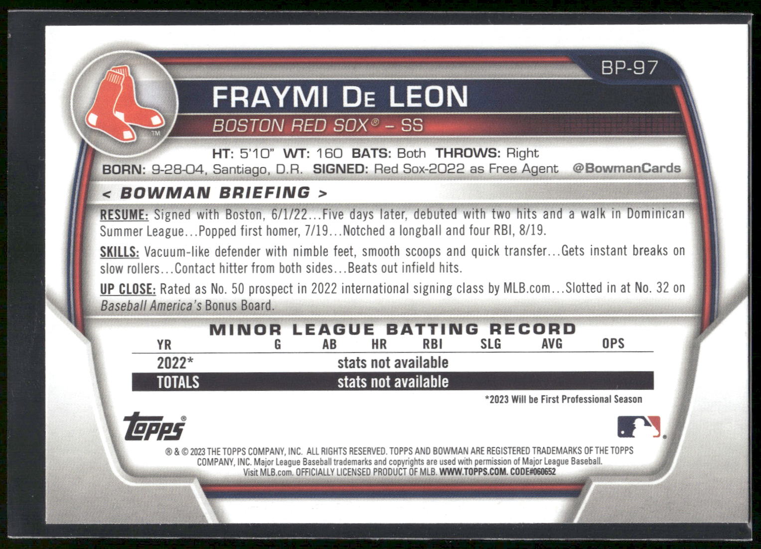 2023 Bowman #BP-97 Fraymi De Leon Prospects