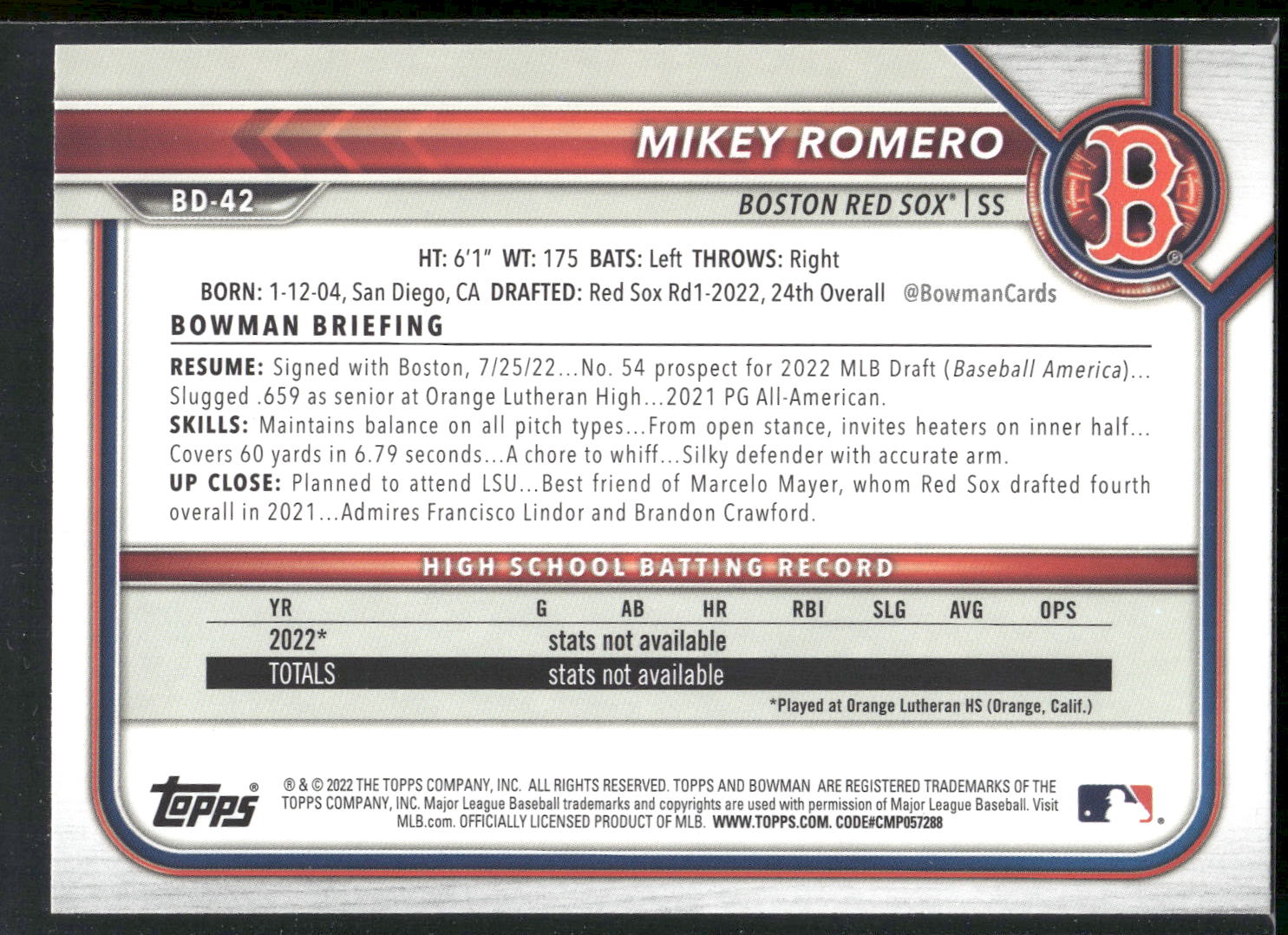 2022 Bowman Draft #BD-42 Mikey Romero