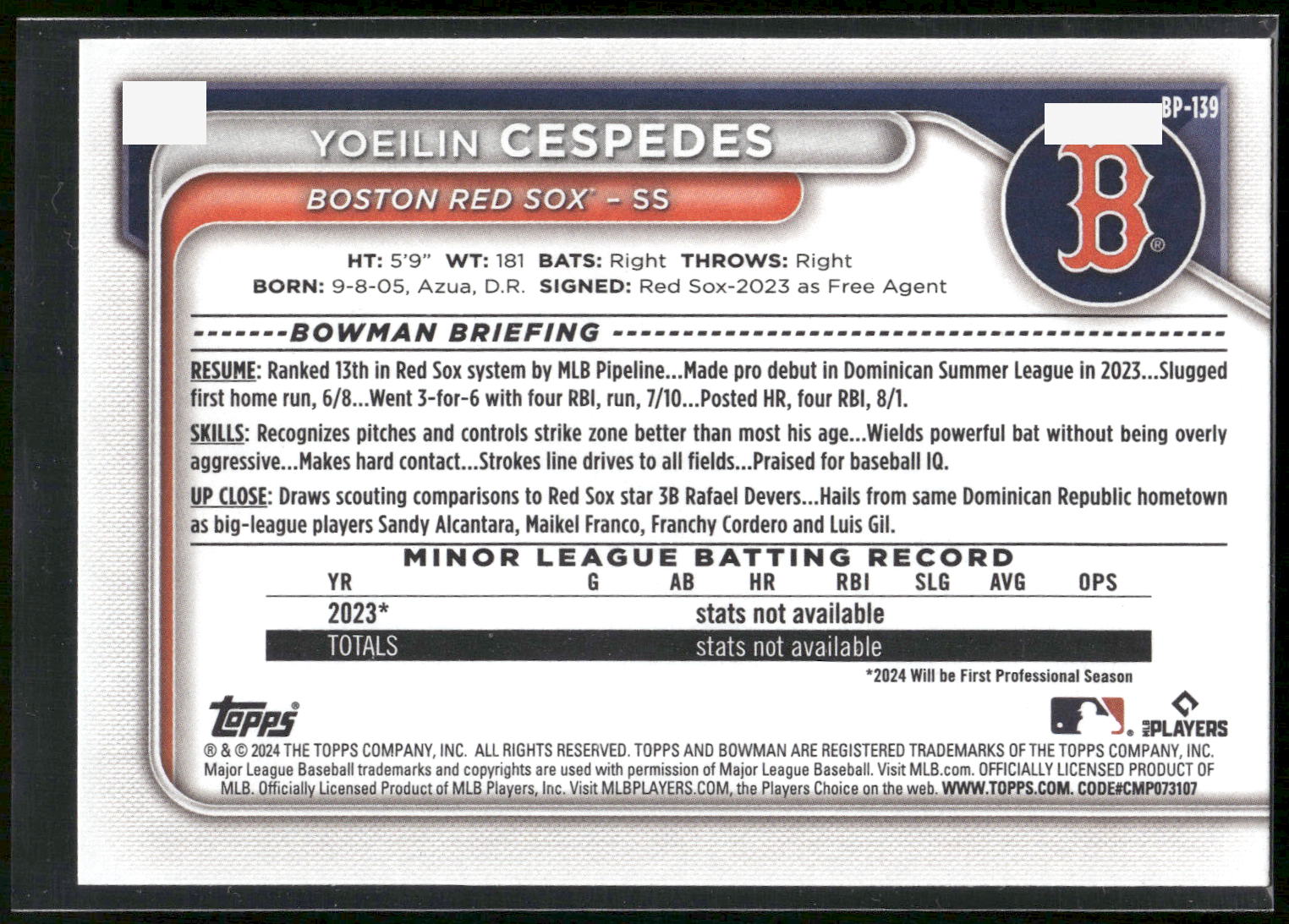 2024 Bowman #BP-139 Yoeilin Cespedes Prospects