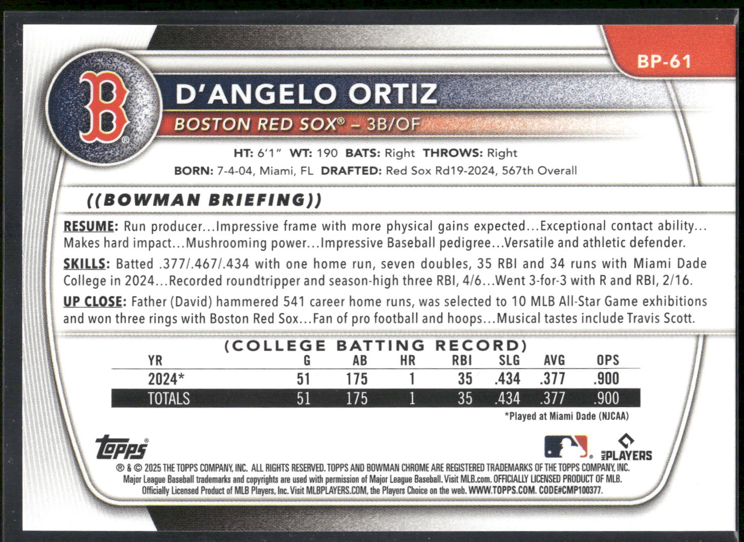 2025 Bowman #BP-61 D'Angelo Ortiz Prospects