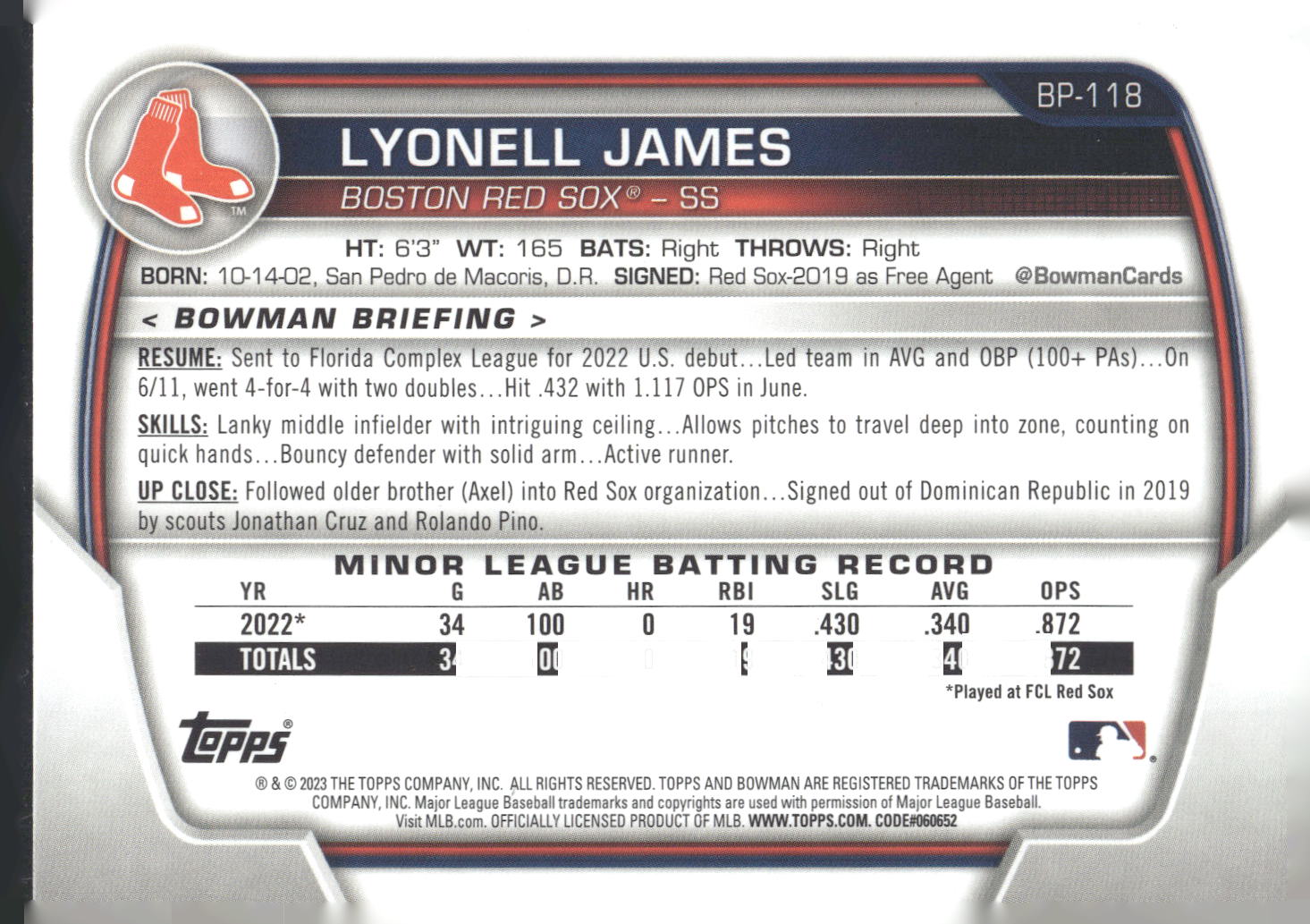 2023 Bowman #BP-118 Lyonell James Prospects