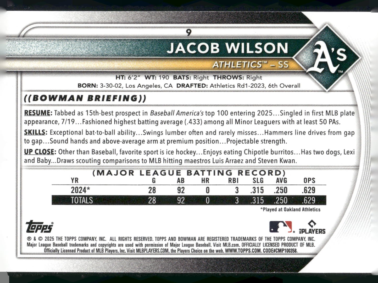 2025 Bowman #9 Jacob Wilson