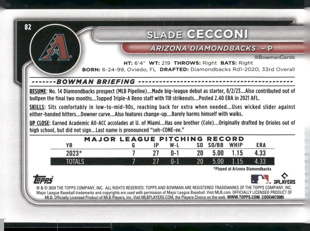 2024 Bowman #82 Slade Cecconi