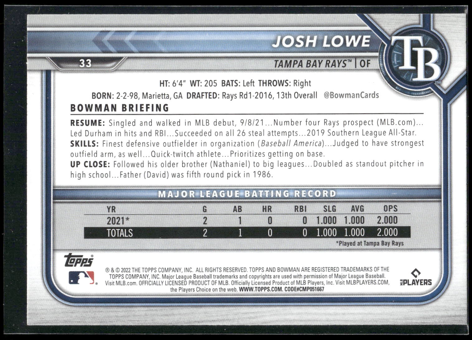 2022 Bowman #33 Josh Lowe