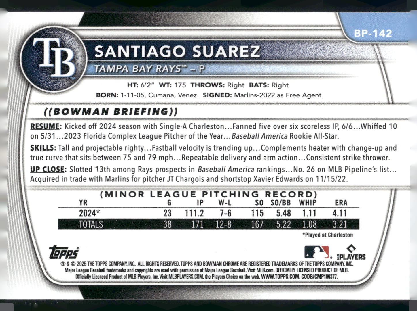 2025 Bowman #BP-142 Santiago Suarez Prospects