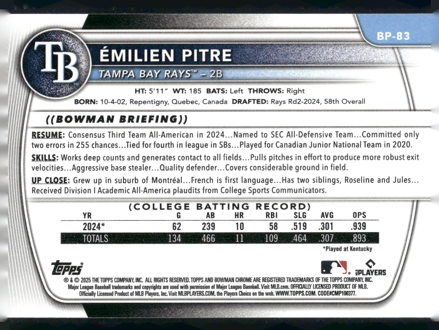 2025 Bowman #BP-83 Émilien Pitre Prospects