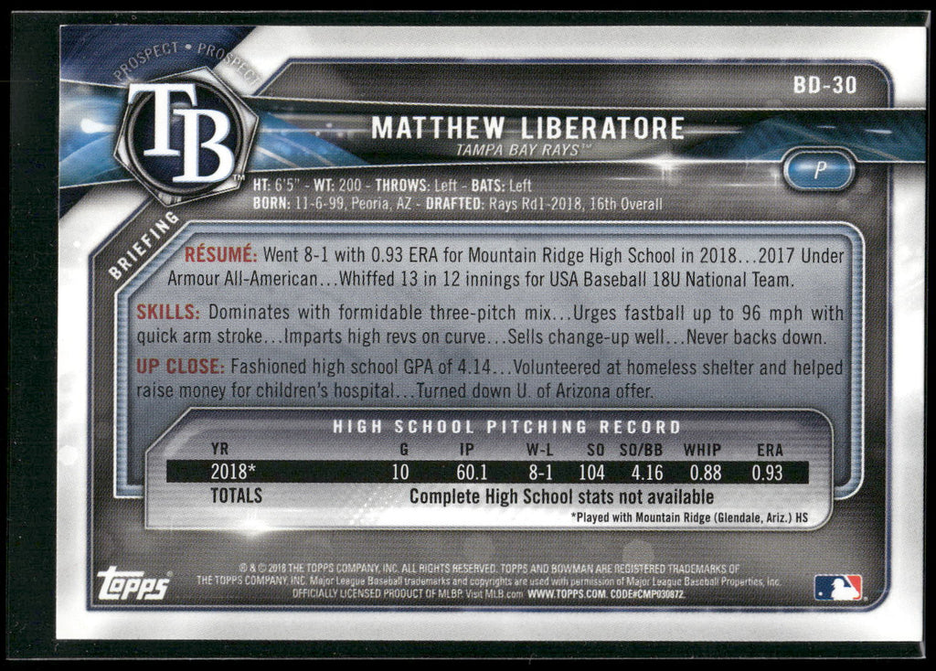 2018 Bowman Draft #BD-30 Matthew Liberatore