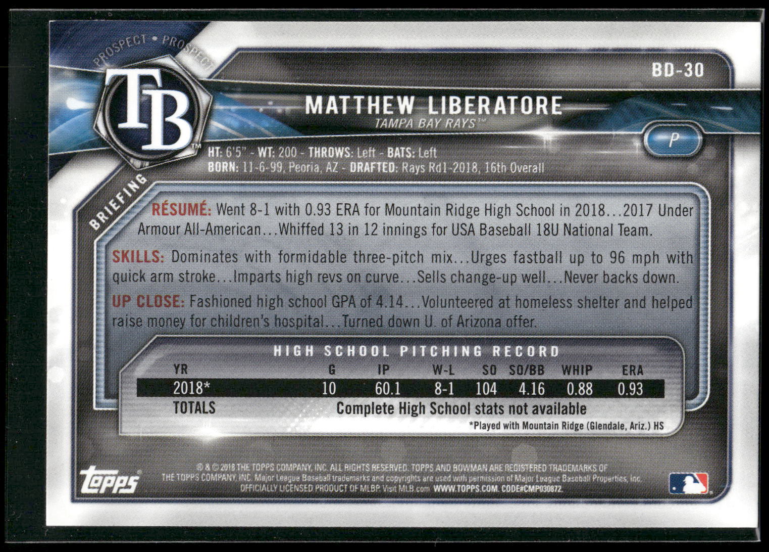 2018 Bowman Draft #BD-30 Matthew Liberatore