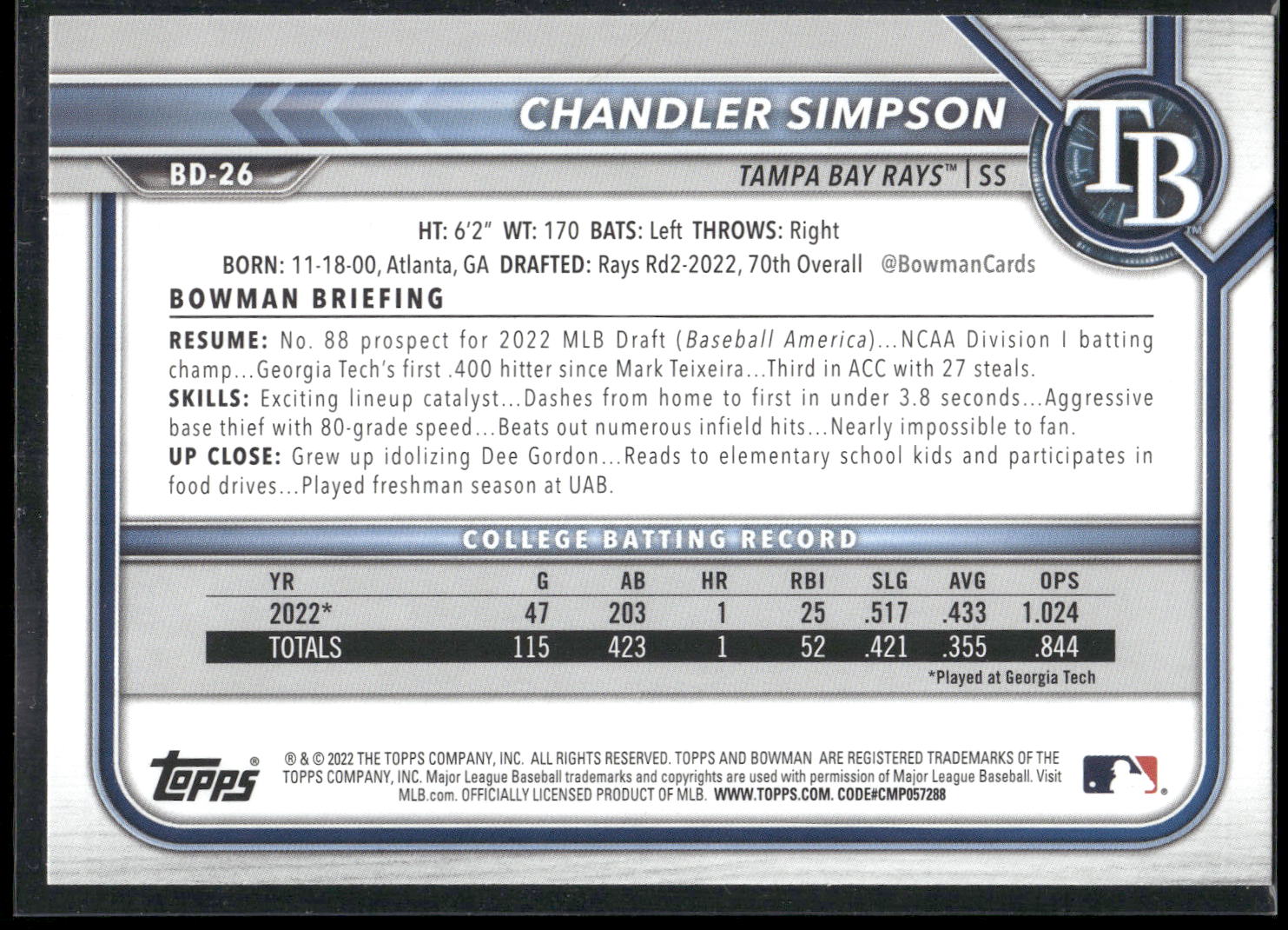 2022 Bowman Draft #BD-26 Chandler Simpson