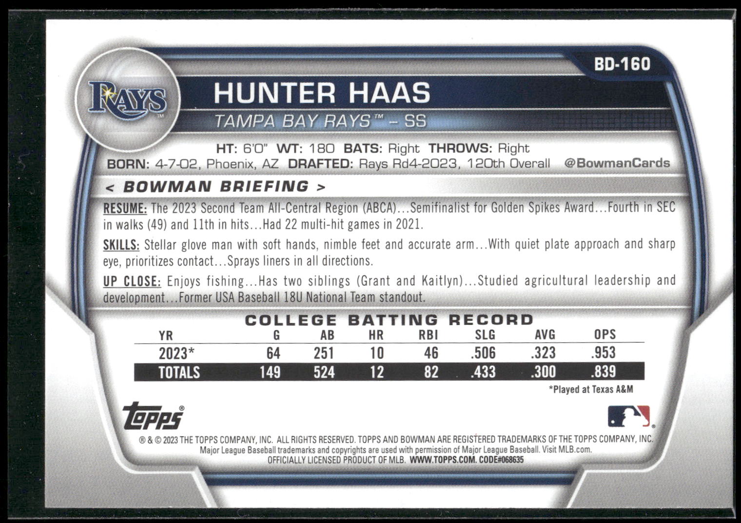 2023 Bowman Draft #BD-160 Hunter Haas