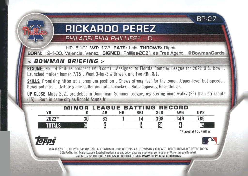 2023 Bowman #BP-27 Rickardo Perez Prospects