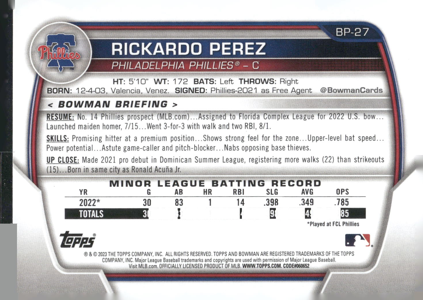 2023 Bowman #BP-27 Rickardo Perez Prospects