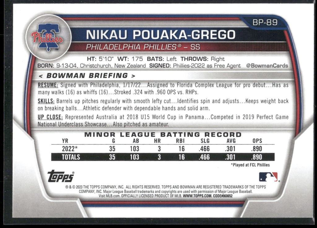2023 Bowman #BP-89 Nikau Pouaka-Grego Prospects