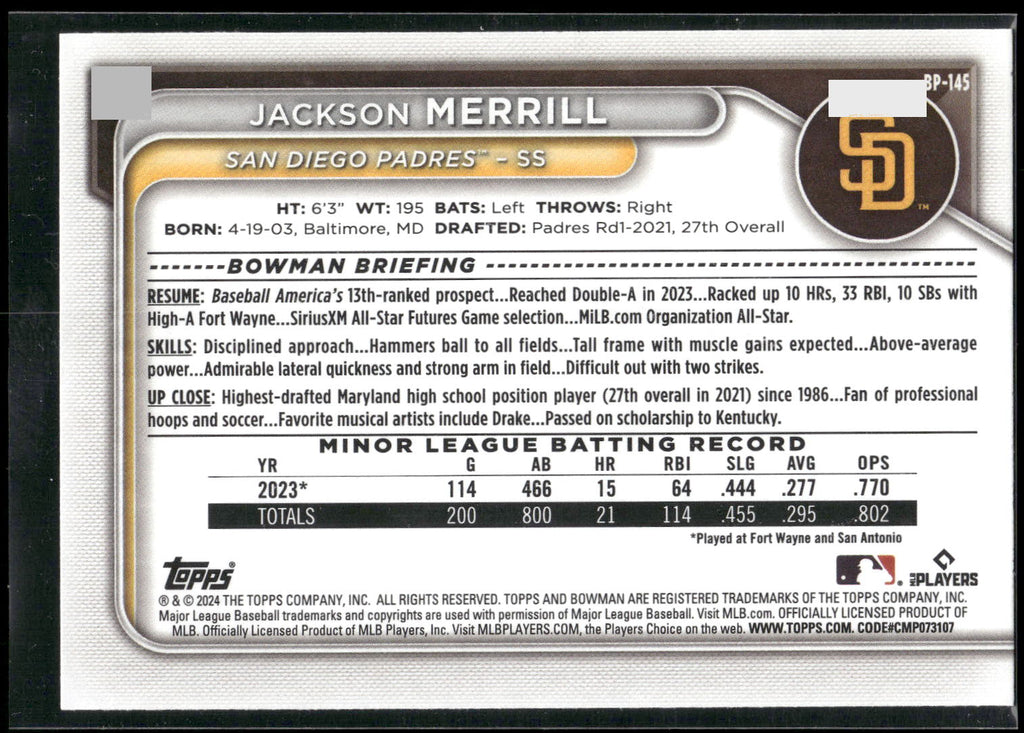 2024 Bowman #BP-145 Jackson Merrill Prospects