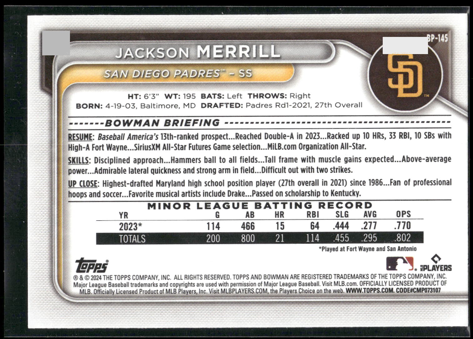 2024 Bowman #BP-145 Jackson Merrill Prospects