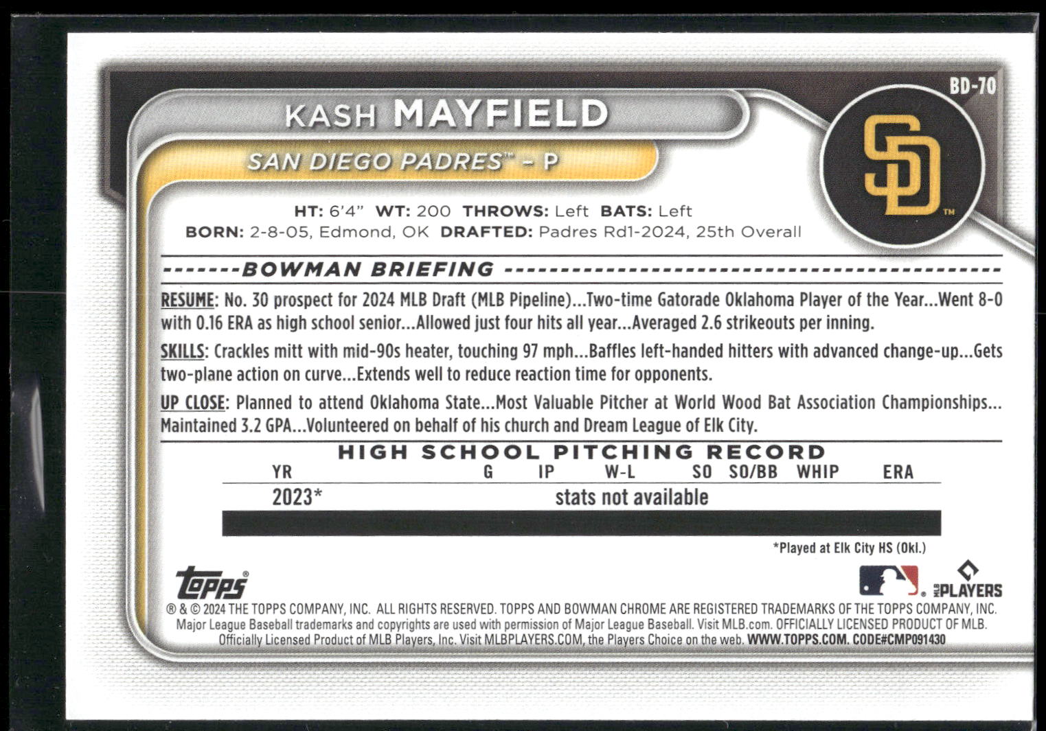 2024 Bowman Draft #BD-70 Kash Mayfield