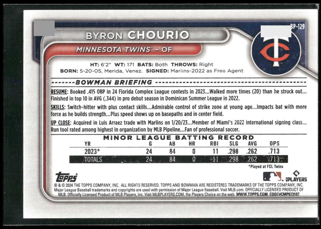 2024 Bowman #BP-129 Byron Chourio Prospects