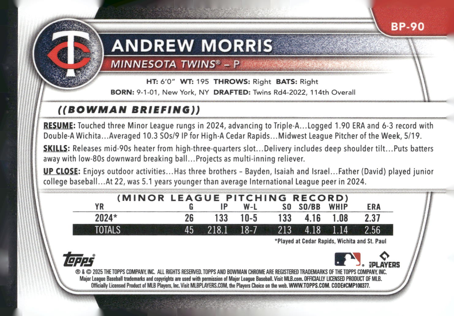 2025 Bowman #BP-90 Andrew Morris Prospects