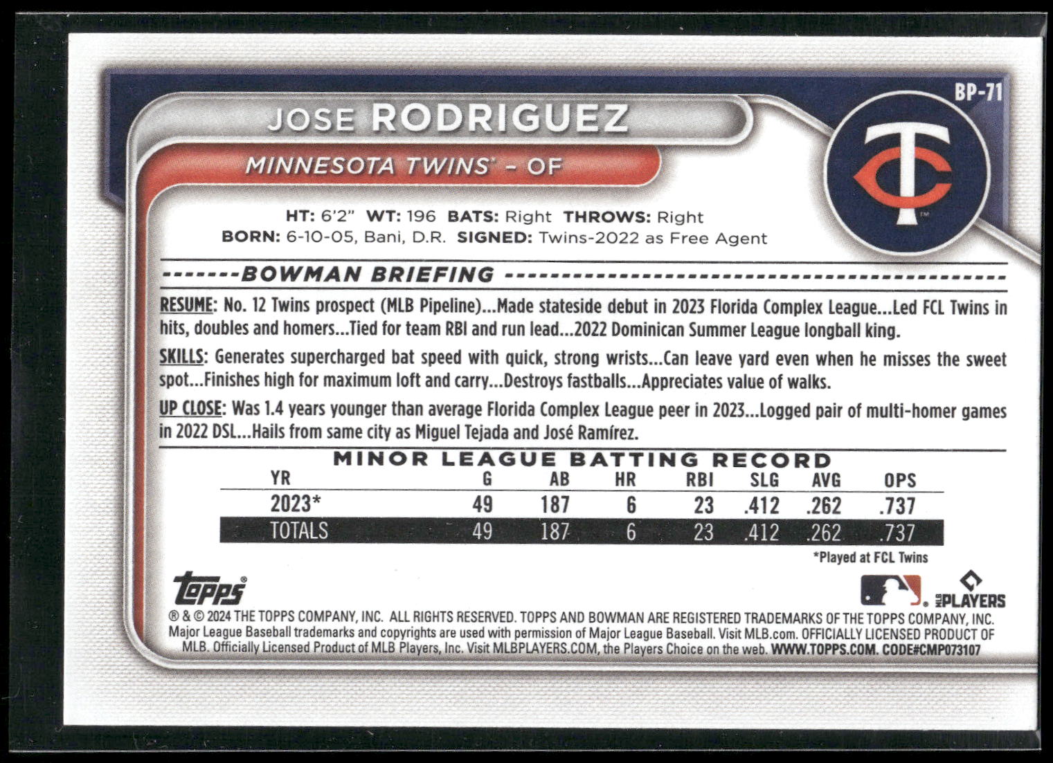 2024 Bowman #BP-71 Jose Rodriguez Prospects