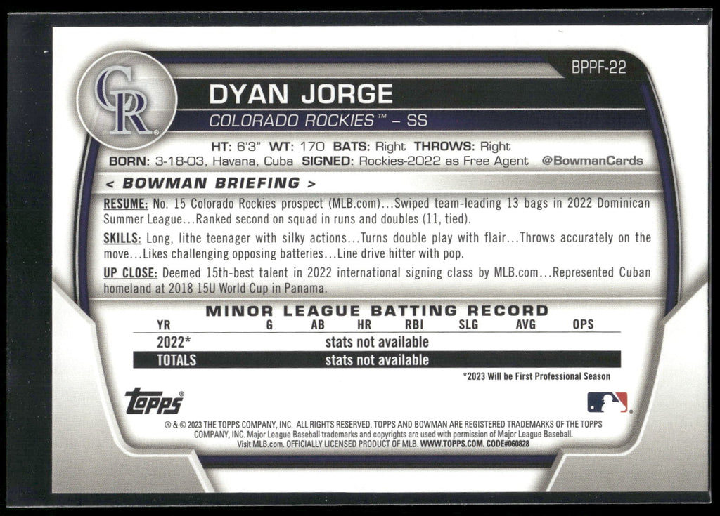 2023 Bowman 1st Edition #BPPF-22 Dyan Jorge