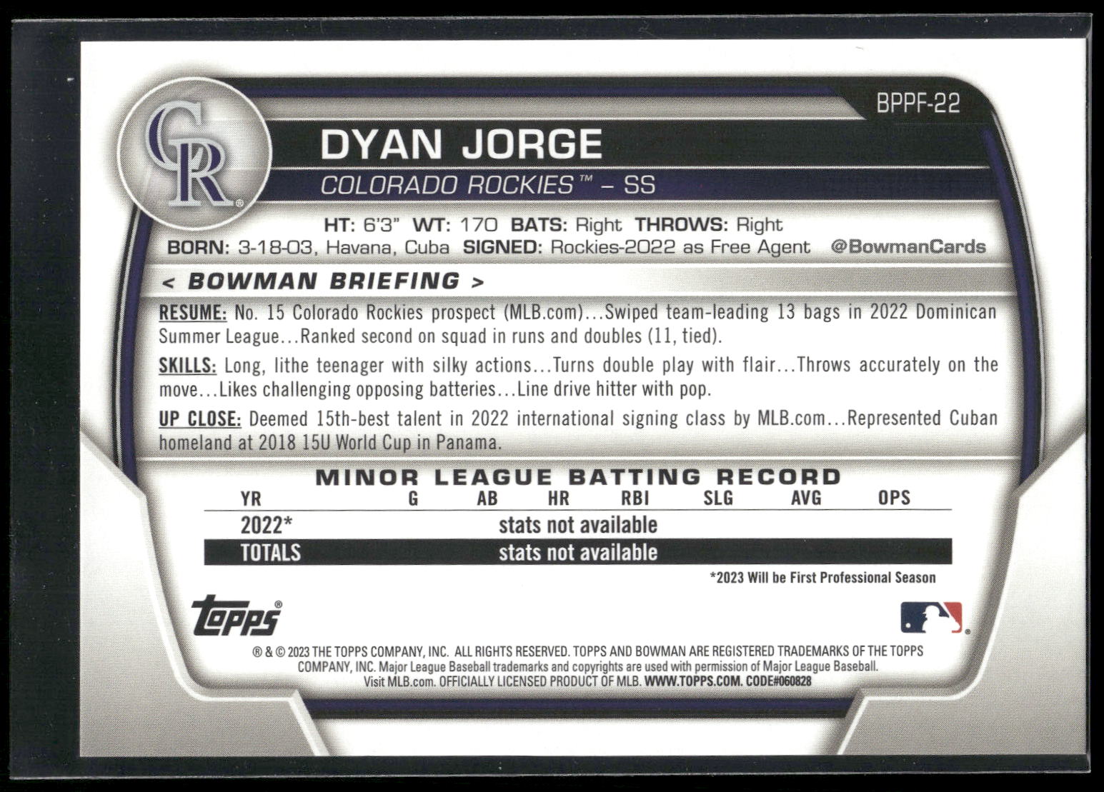2023 Bowman 1st Edition #BPPF-22 Dyan Jorge