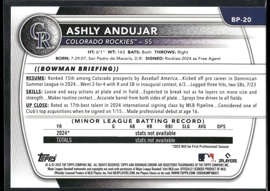 2025 Bowman #BP-20 Ashly Andujar Prospects