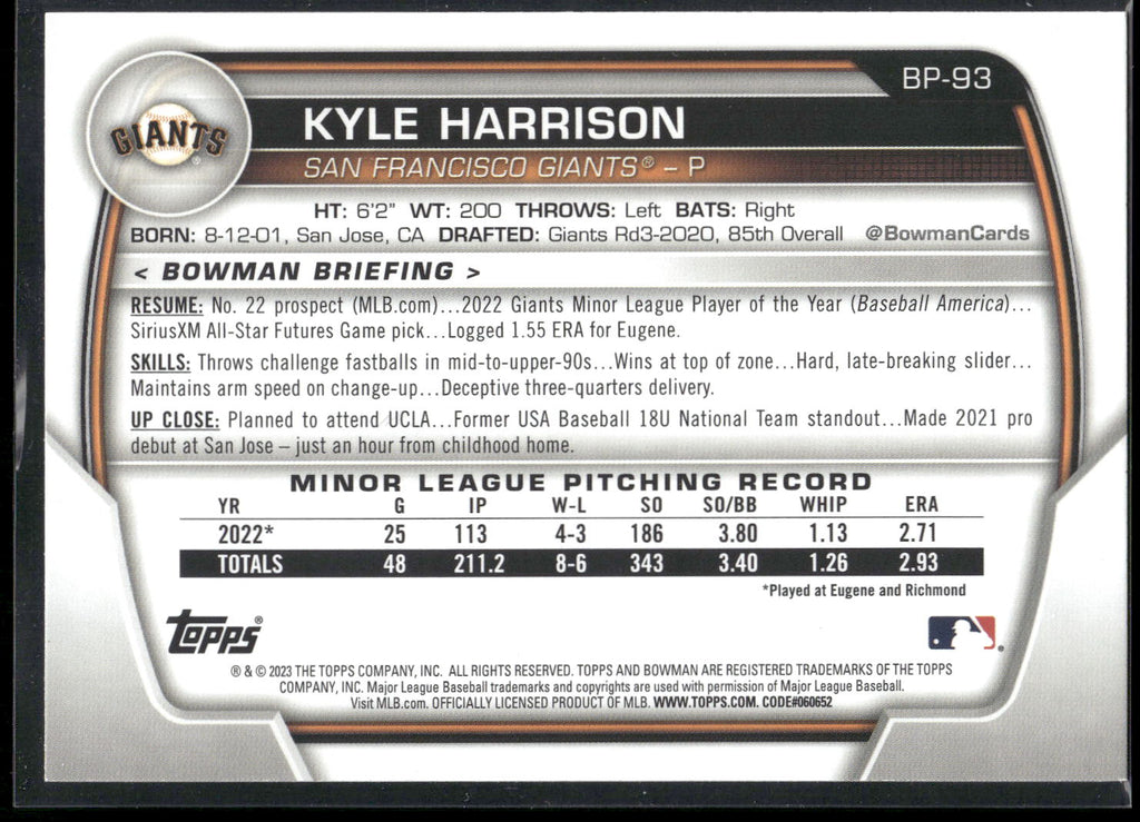 2023 Bowman #BP-93 Kyle Harrison Prospects