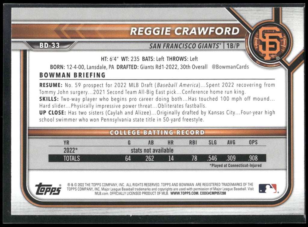 2022 Bowman Draft 1st Edition #BD-33 Reggie Crawford