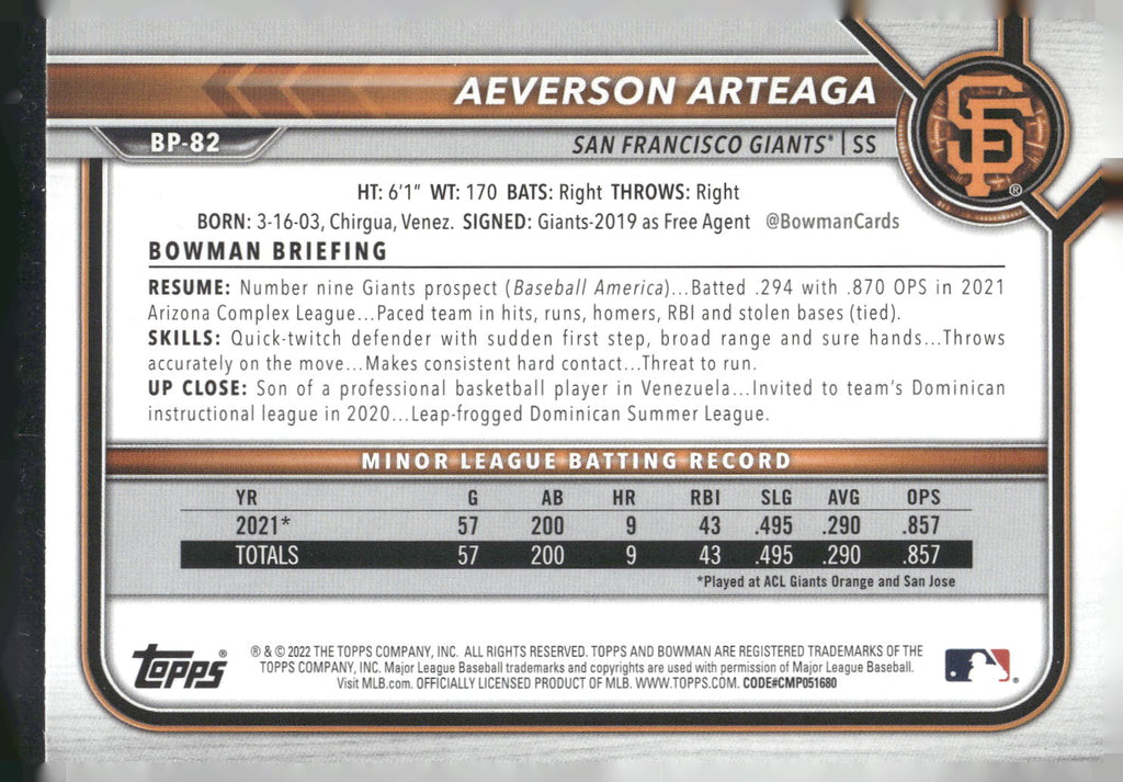 2022 Bowman #BP-82 Aeverson Arteaga Prospects