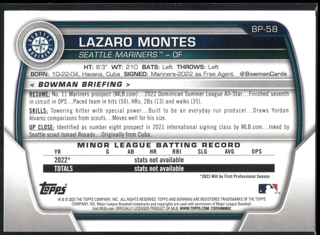 2023 Bowman #BP-58 Lazaro Montes Prospects