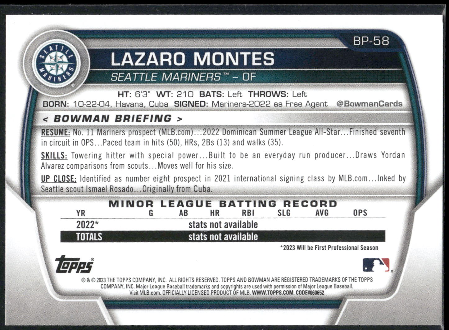 2023 Bowman #BP-58 Lazaro Montes Prospects