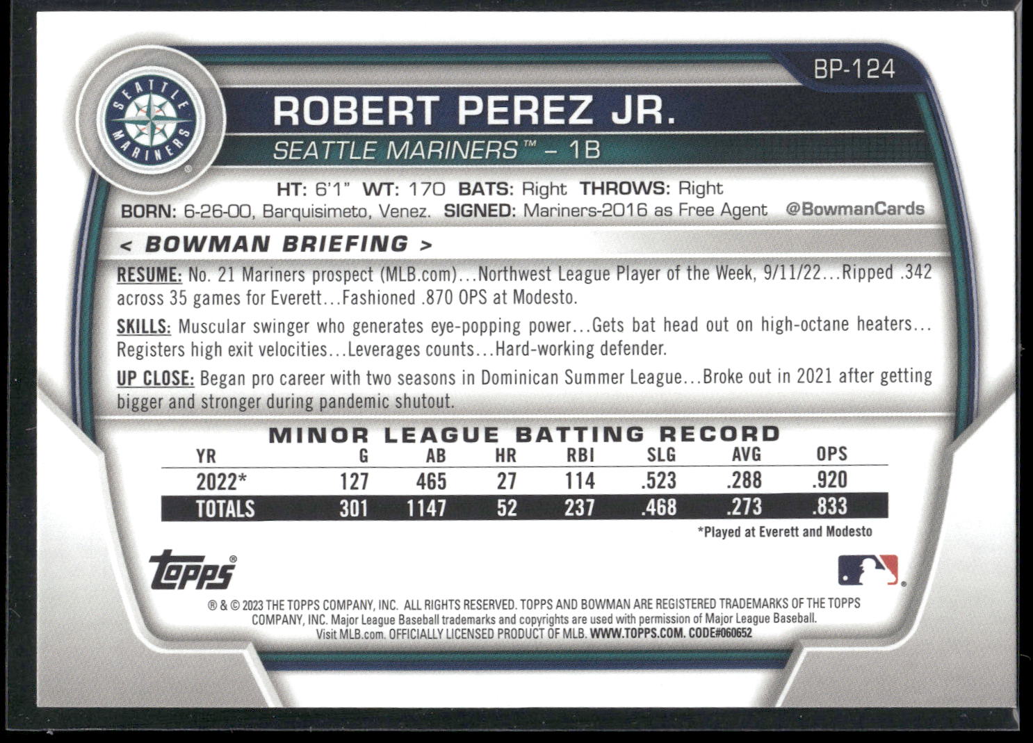 2023 Bowman #BP-124 Robert Perez Jr. Prospects