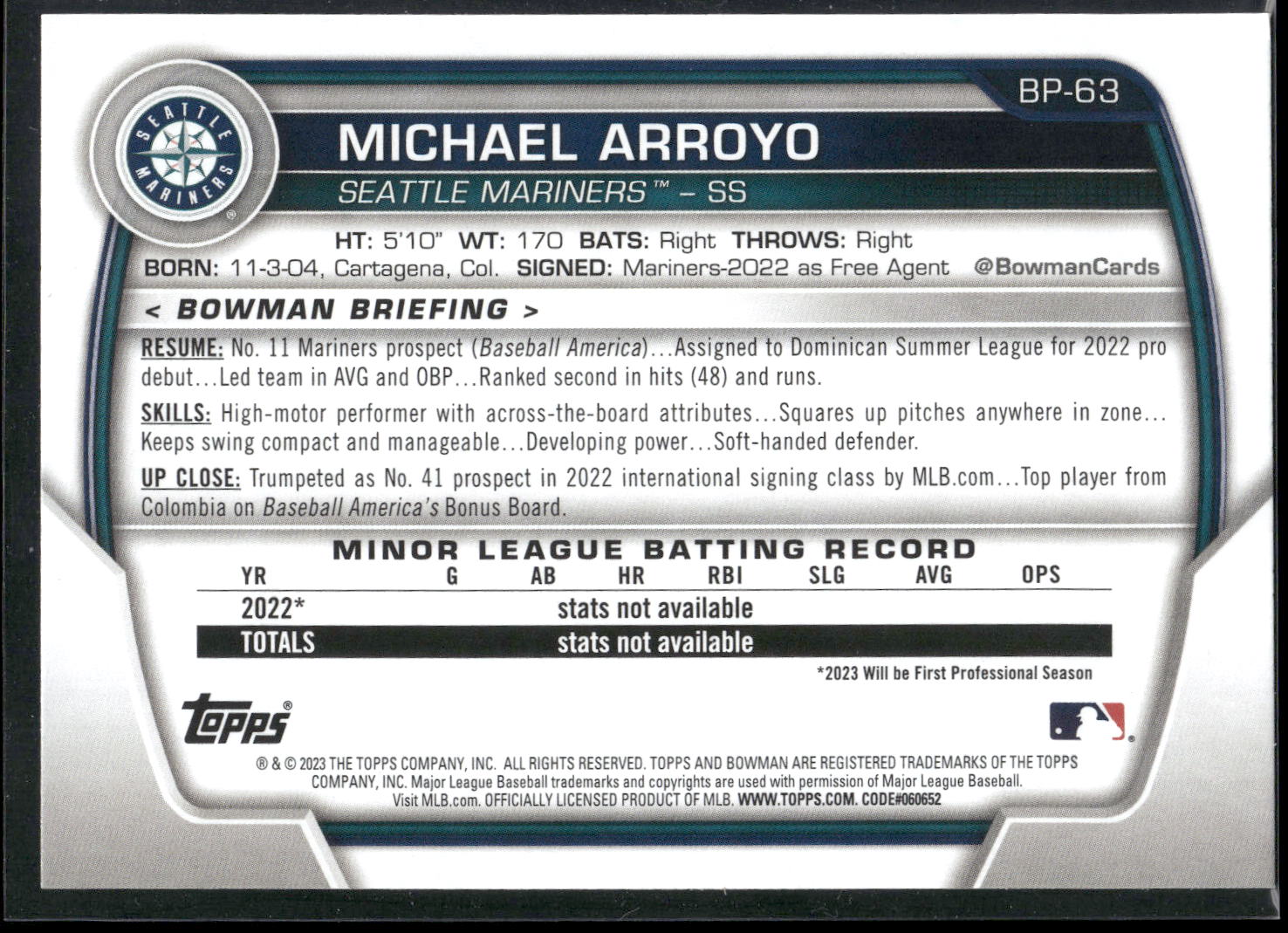 2023 Bowman #BP-63 Michael Arroyo Prospects