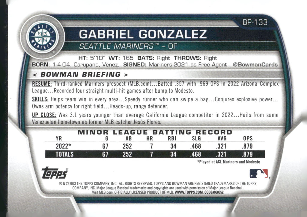 2023 Bowman #BP-133 Gabriel Gonzalez Prospects