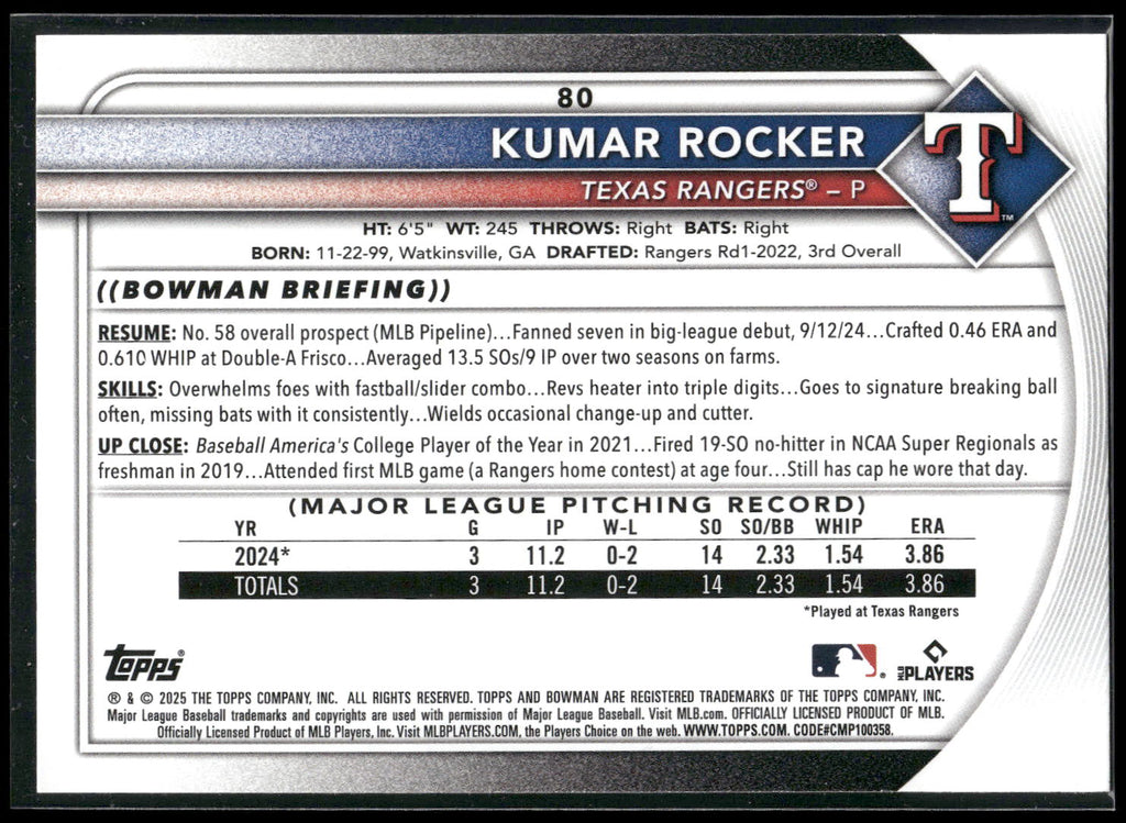 2025 Bowman #80 Kumar Rocker