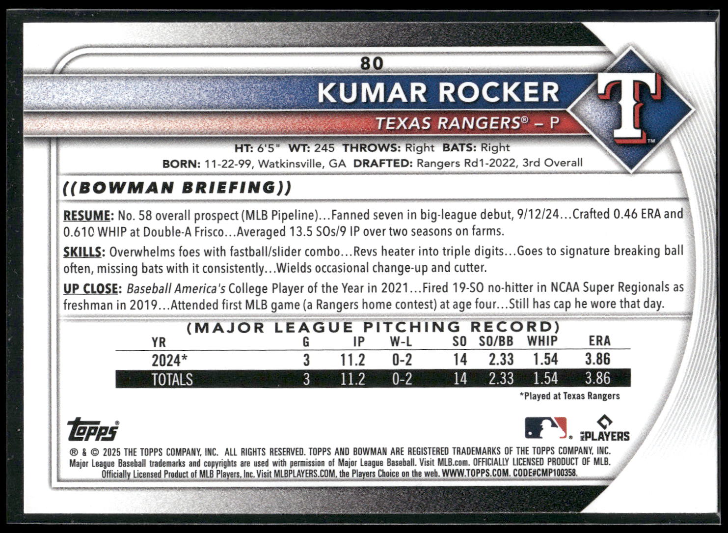 2025 Bowman #80 Kumar Rocker