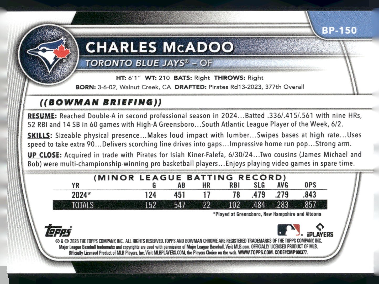 2025 Bowman #BP-150 Charles McAdoo Prospects