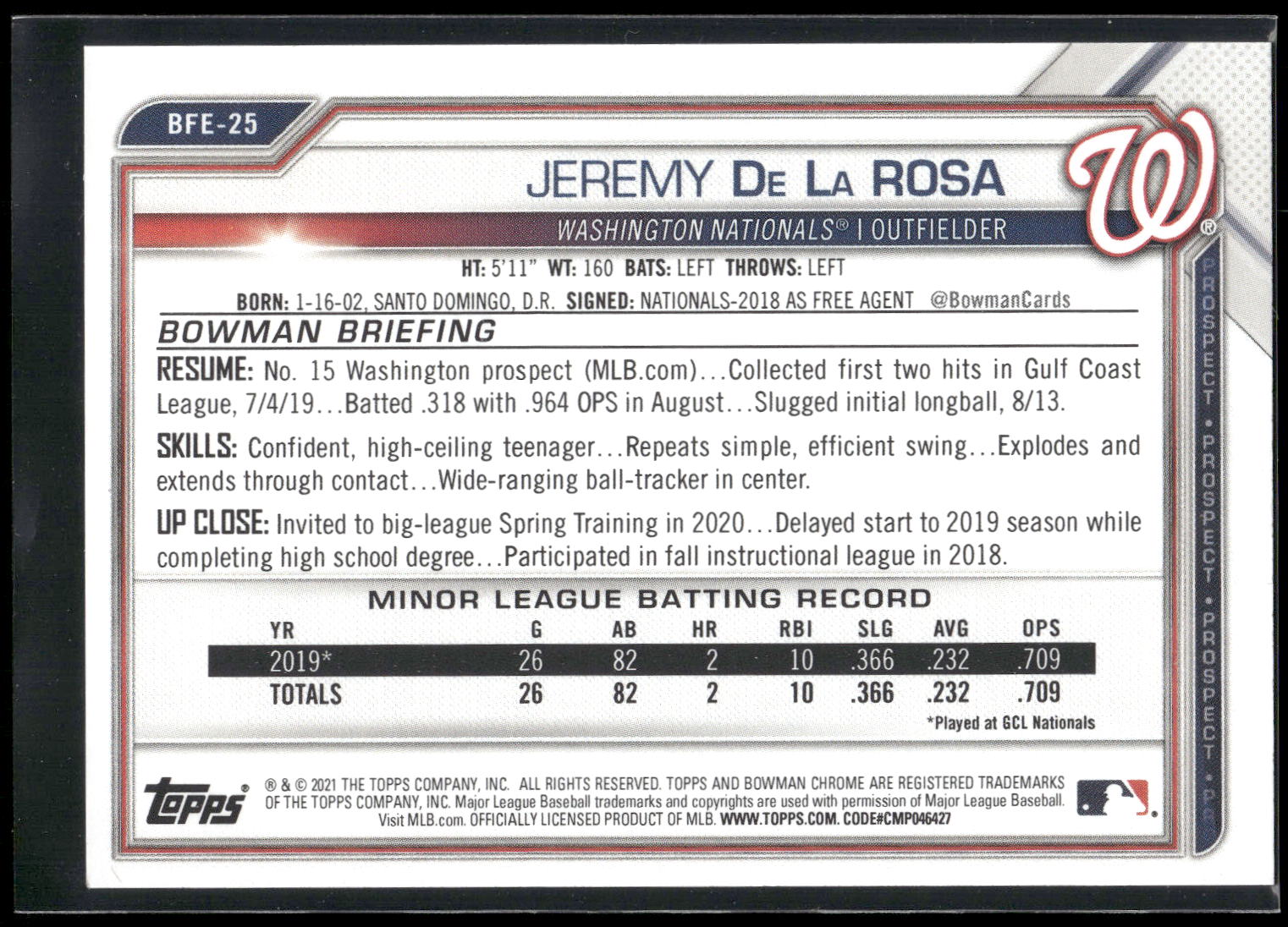 2021 Bowman 1st Edition #BFE-25 Jeremy De La Rosa