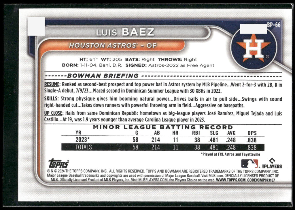2024 Bowman #BP-66 Luis Baez Prospects