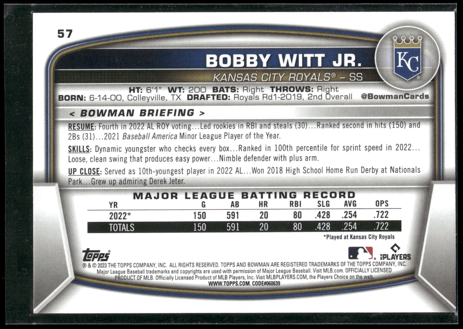 2023 Bowman #57 Bobby Witt Jr.