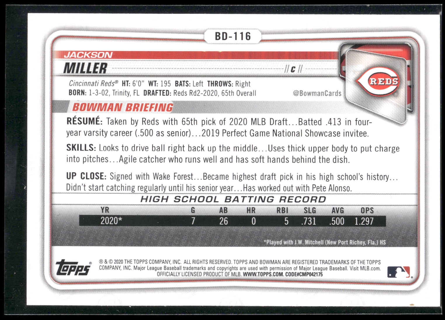 2020 Bowman Draft #BD-116 Jackson Miller